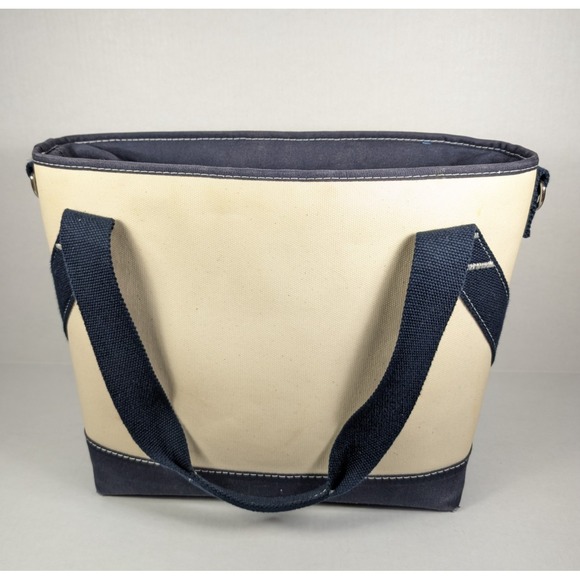 LL Bean Insulated Tote Bag N Monogram Beige Blue Straps Canvas Cooler Beach Camp - Picture 6 of 9